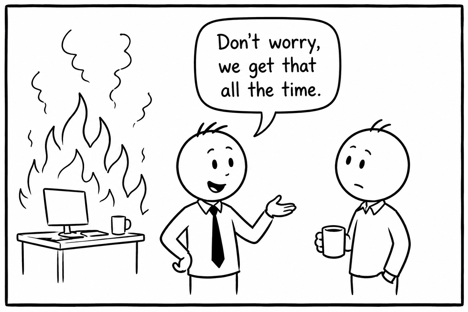 Comic strip of office on fire.